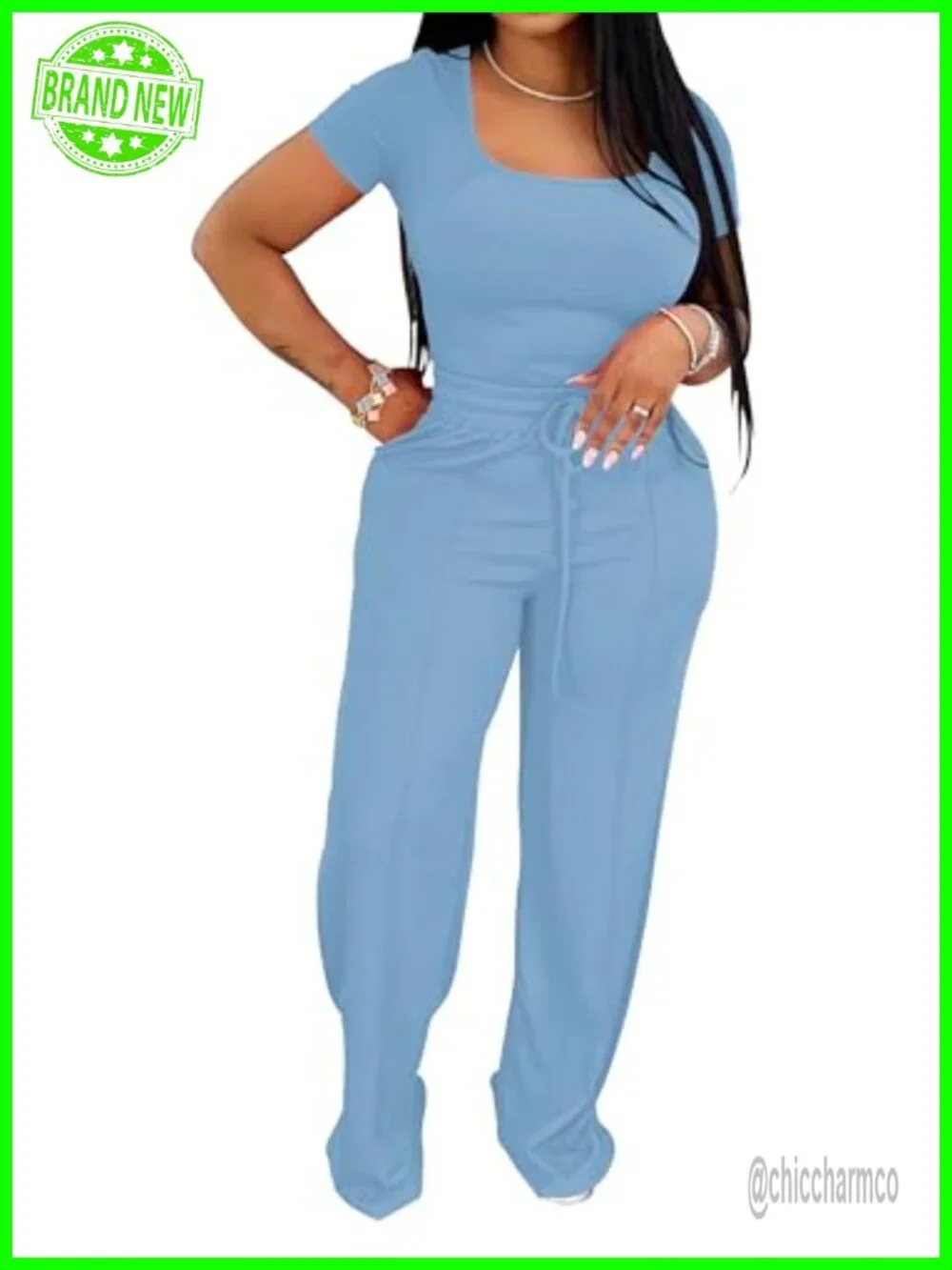 2 Piece Lounge Set Short Sleeve Square Neck Top High Waist Wide Leg Pants